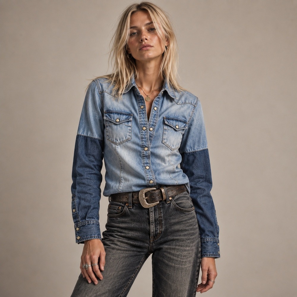 AllSaints Reine Two Tone Denim Western Pearl Snap Shirt Sz XS